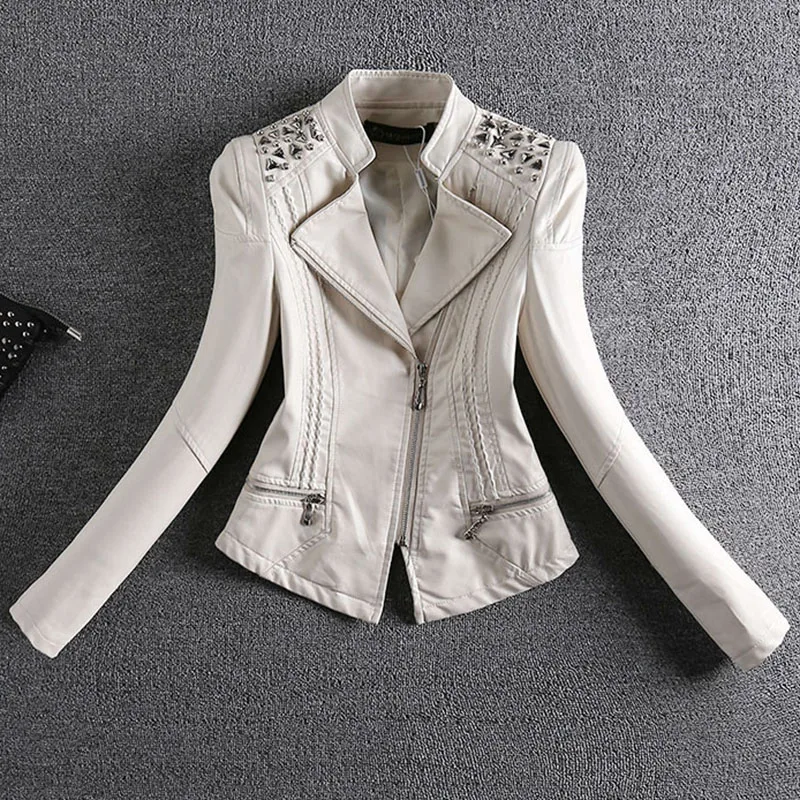 2019 Spring and Autumn Women Coat Fashion Slim Leather Coats Lady Rivets Pu Jacket Short Motorcycle | Женская одежда