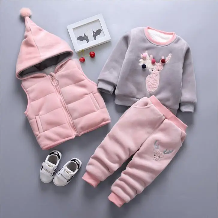 Pink Комплекты одежды для маленьких мальчиков г., зимние теплые комплекты одежды с кортоном для маленьких девочек, жилет+ рубашка+ штаны, От 6 месяцев до 4 лет из 3 предметов для детей - Цвет: Pink