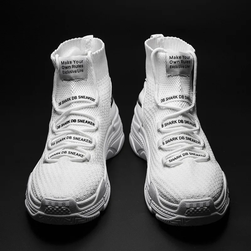 NEWDISCVRY Plus Size 36-46 High Top Men's Sock Sneakers 2019 Spring Men Knit Breathable Shark Shoes Male Platform Footwear Black |