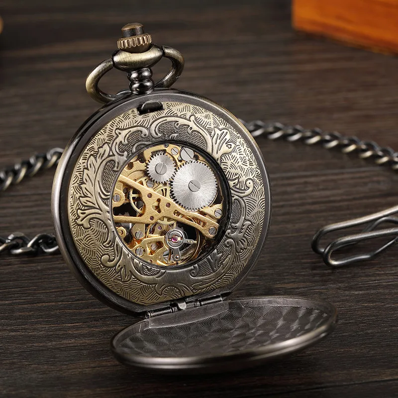 Vintage Roman Number Rudder Design Mechanical Pocket Watch Men Unique Double Sided Steampunk Bronze Pocket Watch With Chain Gift