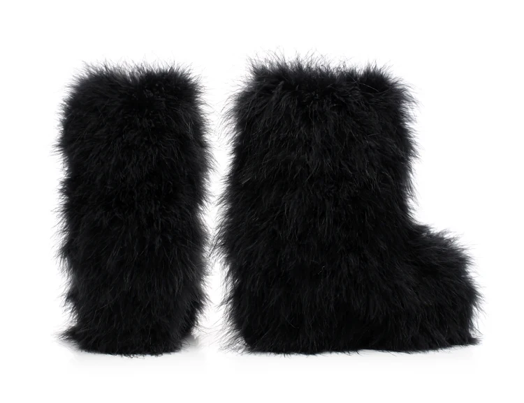 Женские зимние ботинки со страусиными волосами теплые меховые Плюшевые Пушистые