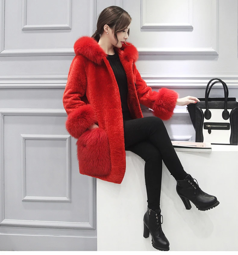 2017 Lady autumn and winter fur one of the long sheep cut cashmere imitation hooded jacket lamb hair female | Женская одежда