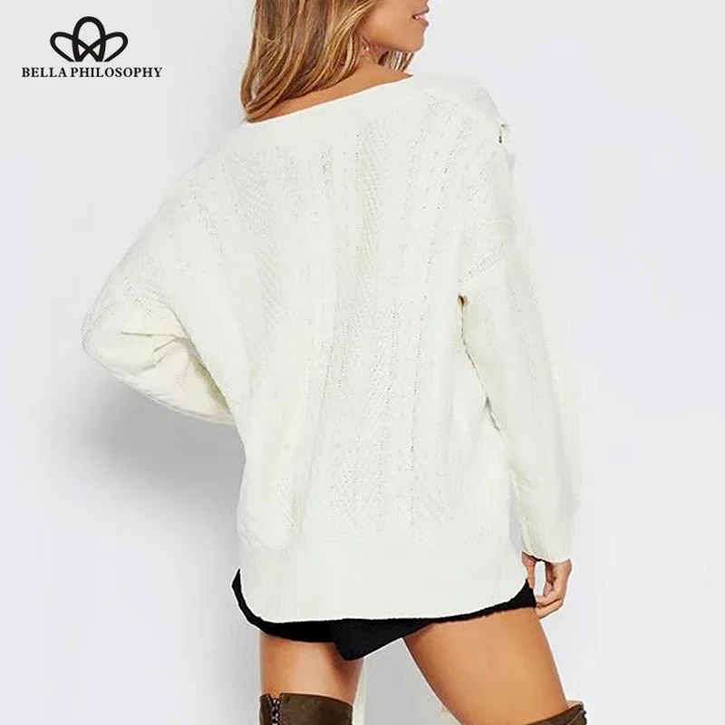 Bella Philosophy 2018 women autumn winter new hollow out long sleeve lace-up Twist Pattern loose oversized sweater pullover | Женская