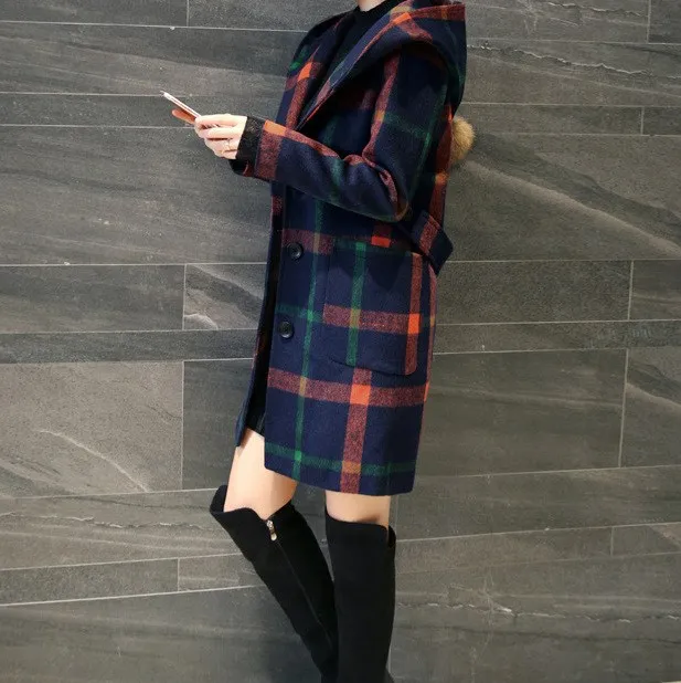 

New Autumn Winter Woolen Women Long Wool Blend Plaid Woolen Long Slim Coat Streetwear Causual Slim Hooded Overcoat Outwear