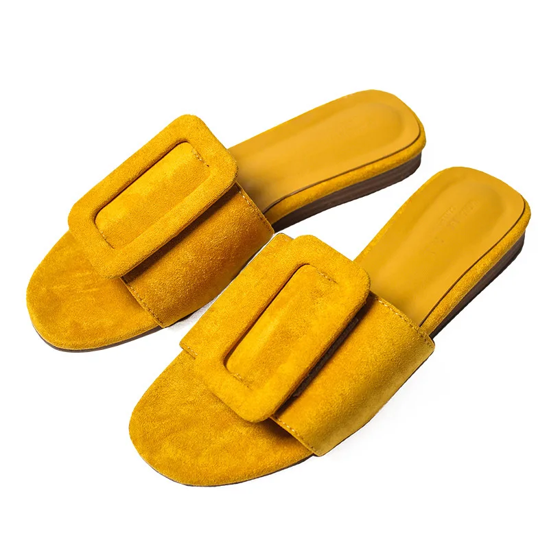 Женские замшевые шлепанцы на плоской подошве с пряжкой удобные пляжные