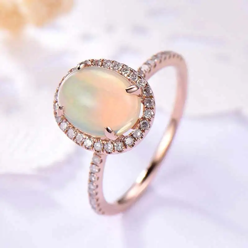 

Huitan Simulated Opal Engagement Ring For Women With Micro Paved Rose Gold Color Oval Opal Stone Rings For Female Wholesale Ring