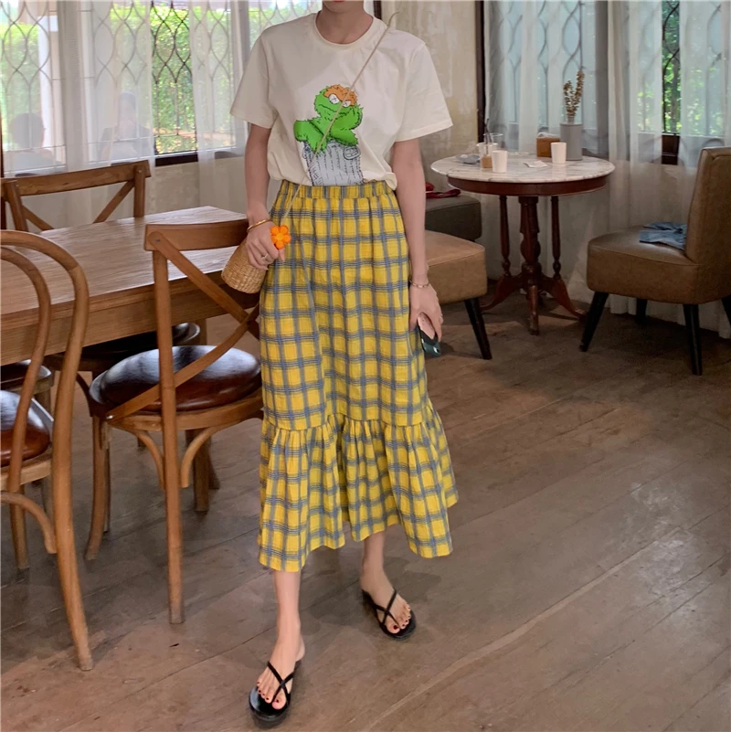 YICIYA Harajuku желтая плиссированная клетчатая длинная юбка в корейском винтажном стиле с высокой талией клетчатая юбка с эластичной талией Женская
