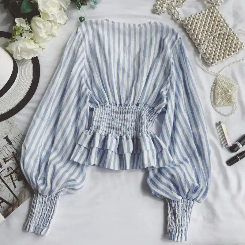 2019 spring women sweet girl Striped deep v neck elastic Puff Sleeve Waist Cake Ruffled Shirt Top | Женская одежда