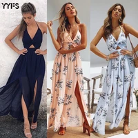 yyfs 2019 womens summer boho maxi long dress evening party beach dresses sundress floral print halter dress women long