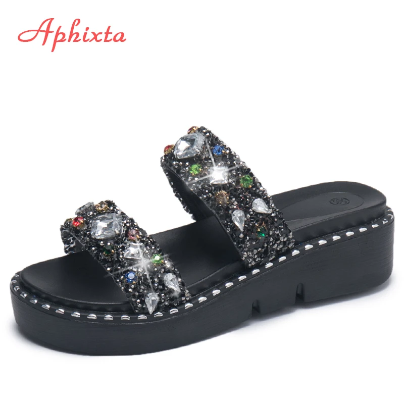 Aphixta/Мужская обувь женские блестящие шлепанцы на танкетке летний модный хрусталь