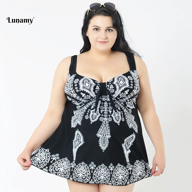 58-66/4XL-8XL размера плюс слитный купальник женский с узлом на груди бандаж цветочный принт юбка большой размер пляжное платье большой размер купальники - Цвет: W5133-Black
