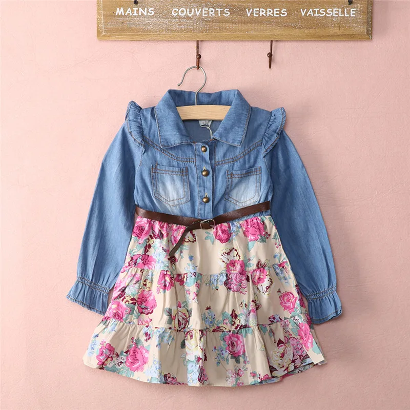Хлопчатобумажное джинсовое платье для девочек с цветочными принтами. Летняя