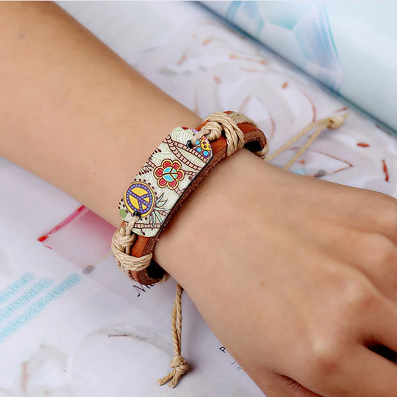 Женский кожаный браслет KYSZDL винтажный в стиле панк из сплава с цветочным принтом