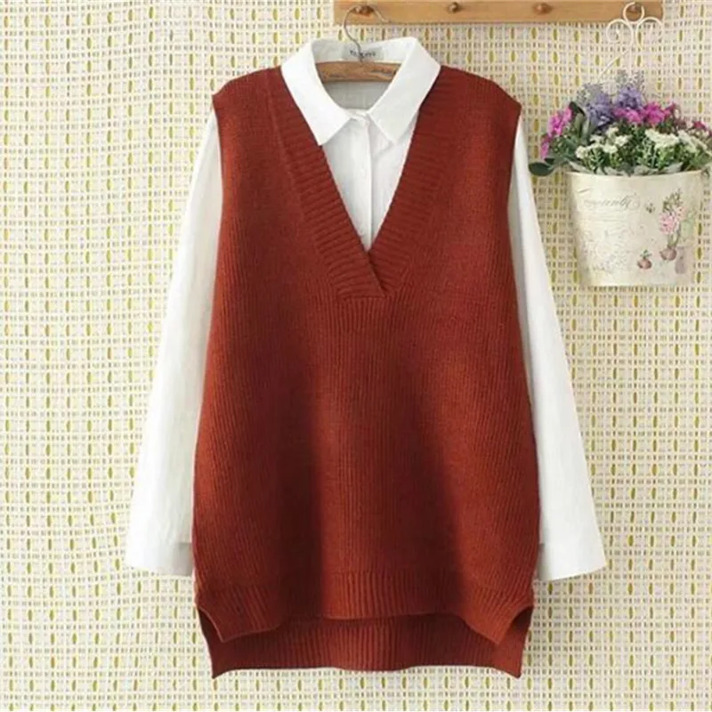 YUMMYCOOK Ретро стиль без рукавов v-образный вырез вязаный жилет женский свободный