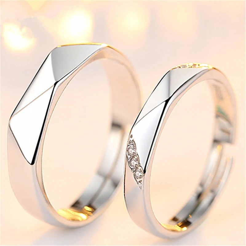 

2019 New Arrival Fashion 2Pcs/set Creative Simple Opening Ring Couple Rhombus Zircon Rings Wedding Lover Jewelry Gifts Wholesale
