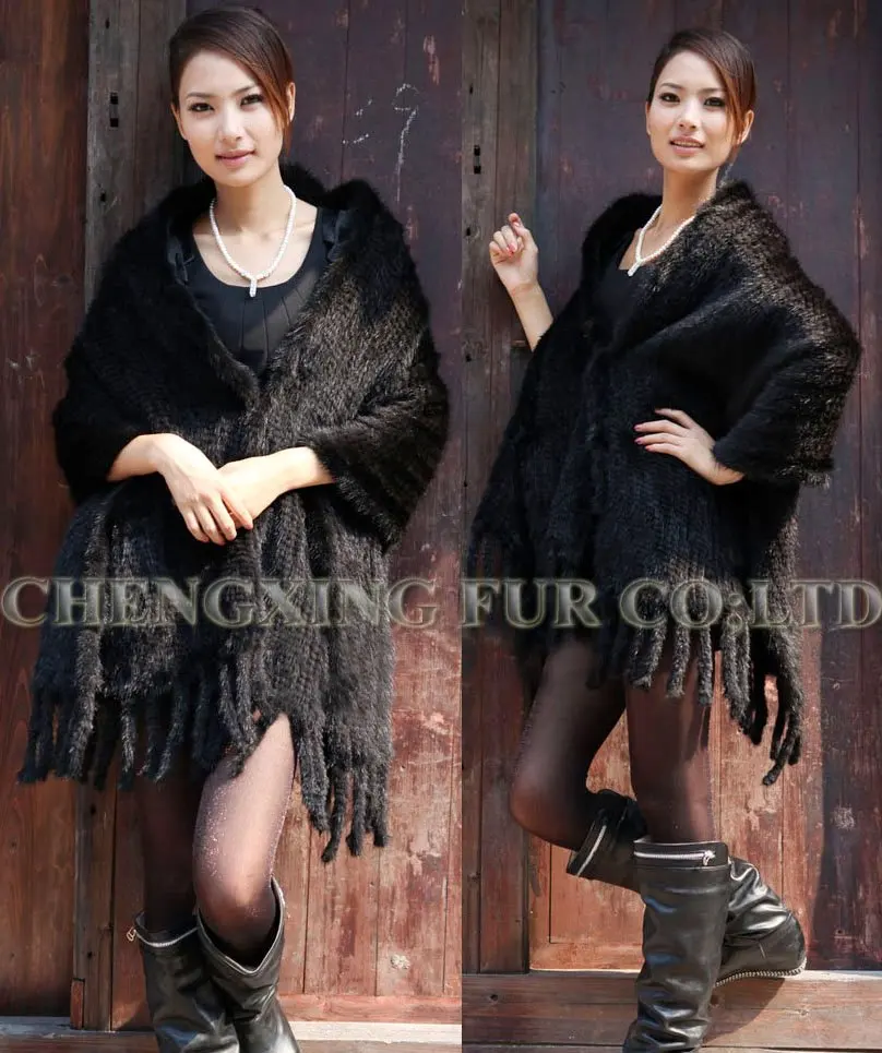 Женская Вязаная Шаль из натурального меха норки с бахромой и карманами большой