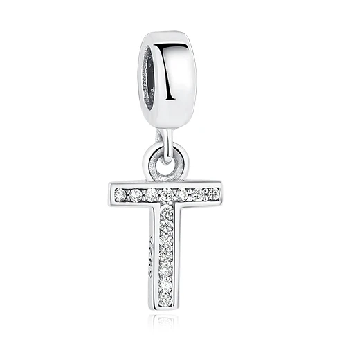 BELAWANG 925 пробы серебряные бусины с буквами, подходят для Pandora, подвески, серебро 925,, кристалл, алфавит, A-Z, подвеска с буквами - Цвет: T