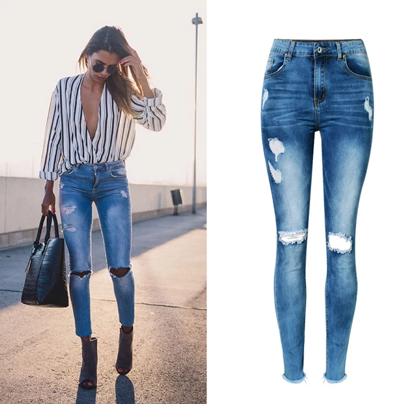 Рваные Женские джинсы карандаш с низкой посадкой из хлопка и денима|jeans low rise|knee