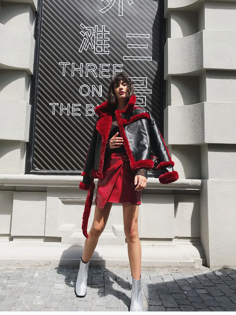 FIRSTTO/Модная красная куртка из искусственной кожи с большими лацканами, искусственный мех, с подкладкой, стильная женская теплая куртка с длинными рукавами, верхняя одежда, топы
