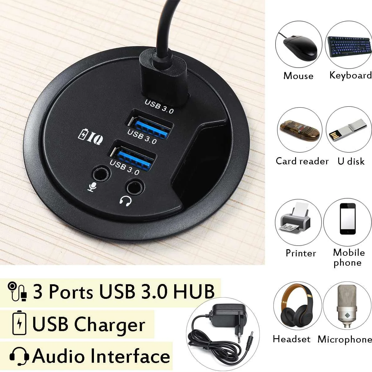Крепление на стол 3-Порты USB 3,0 HUB адаптер для Macbook внешний стерео звук адаптер кабель комбо круглый usb-хаб со штепсельной вилкой европейского стандарта