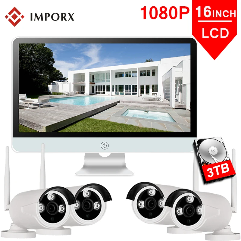

IMPORX 4CH Wireless NVR Kit 1080P 16" LCD Monitor HD Outdoor Waterproof 2MP Security CCTV IP Camera Wifi Surveillance System Set