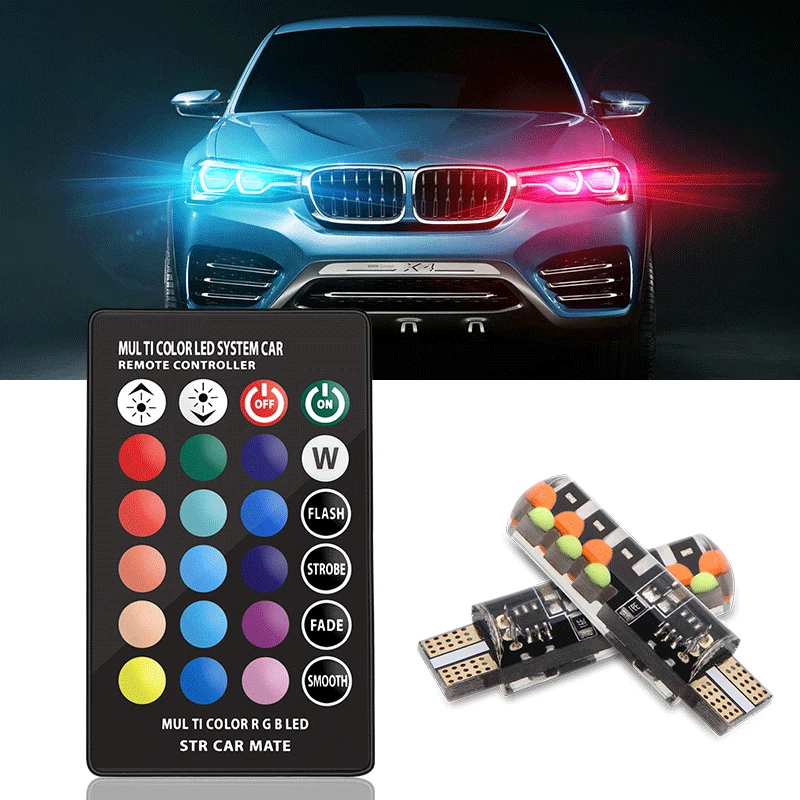 Led W5W T10 RGB габаритный светильник, универсальный автомобильный RGB COB 12SMDs разноцветный многомодовый автомобильный светильник с пультом дистанционного управления
