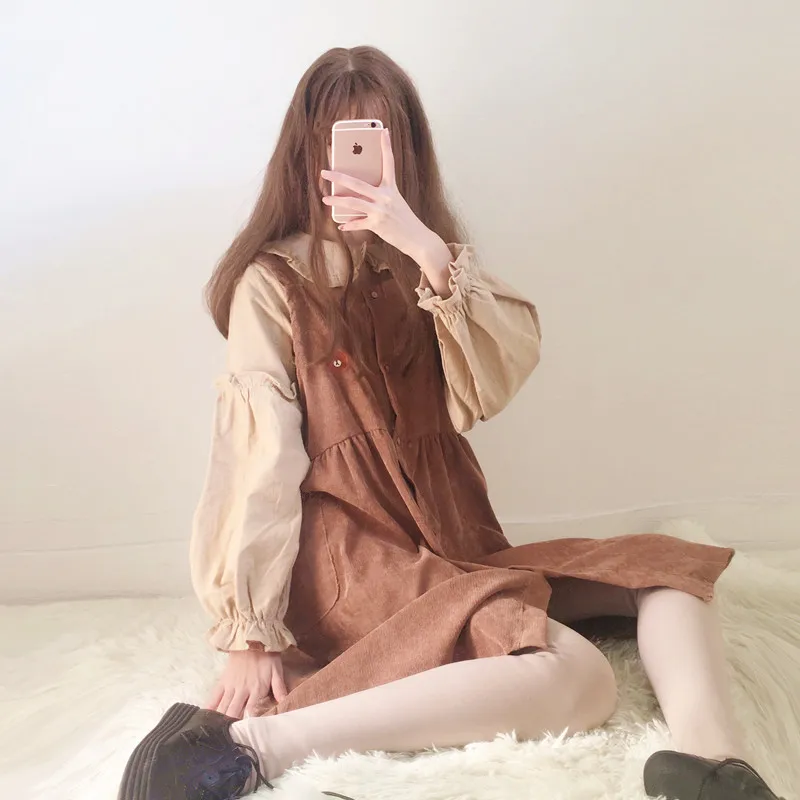 Женские пляжные Повседневные платья в винтажном стиле Kawaii Ulzzang вельветовое