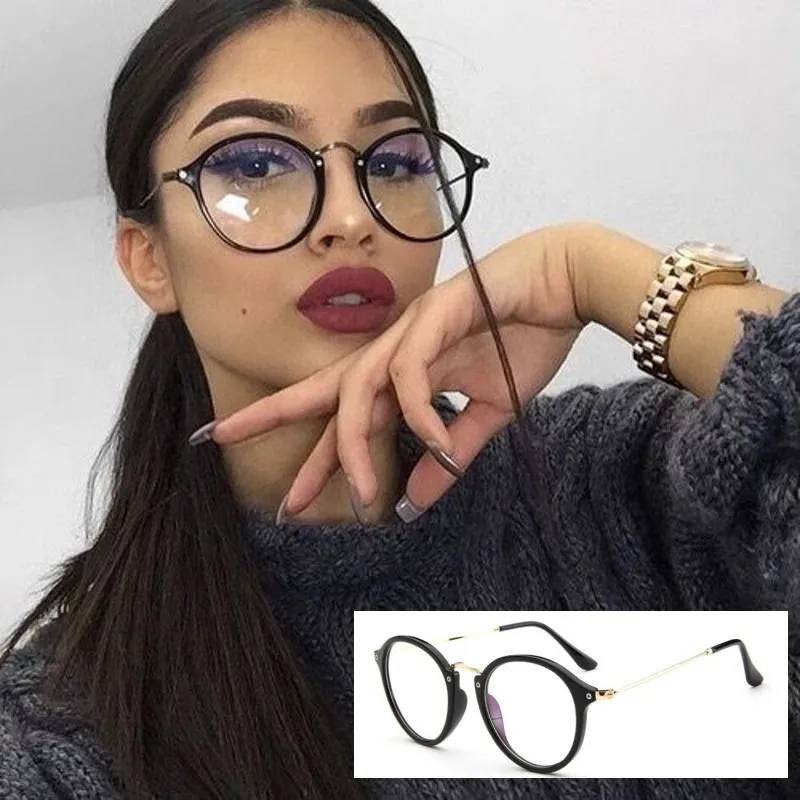 GLOSY BLACK Винтажные оптические очки для глаз, Дамская оправа, близорукость, круглые металлические очки унисекс, женские очки oculos de grau, очки - Цвет оправы: GLOSY BLACK