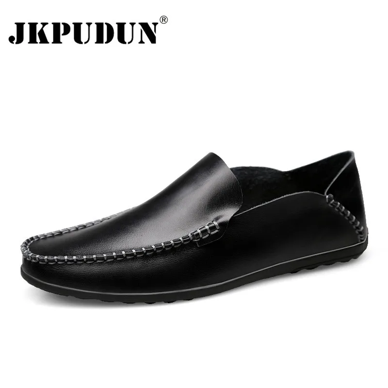 JKPUDUN мужская повседневная обувь черная натуральная кожа Мокасины слипоны