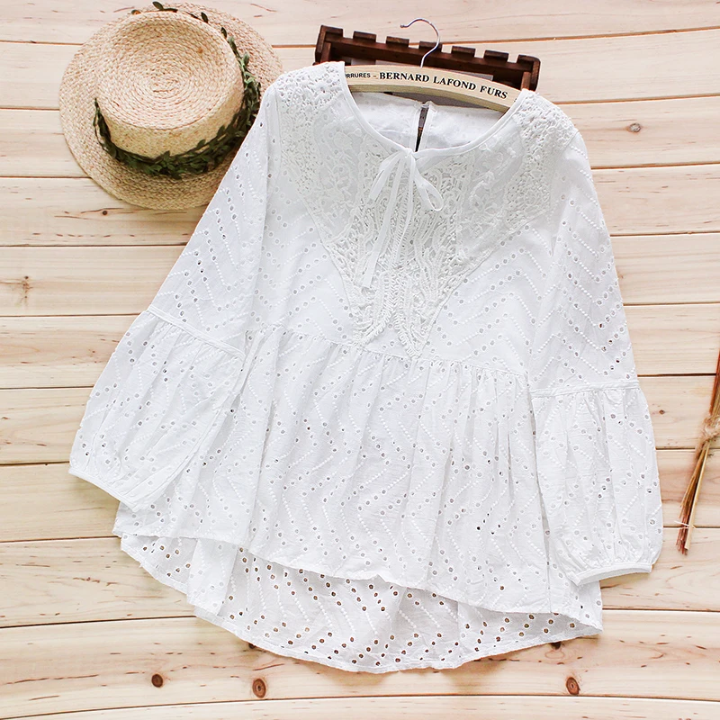 Spring Casual Tie Lantern Embroidery Shirt Tops Women Clothing Full Sleeved Hollow Out Blusas Cute White Shirt Blouses U480