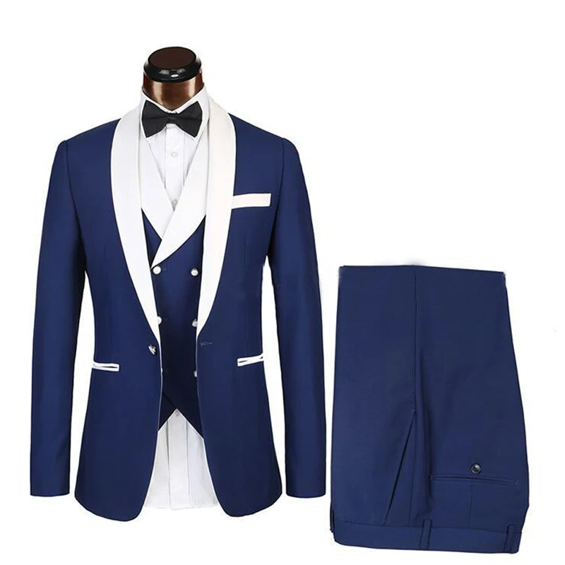 Темно-синий двубортный жилет мужской костюм для свадьбы смокинг жениха 3