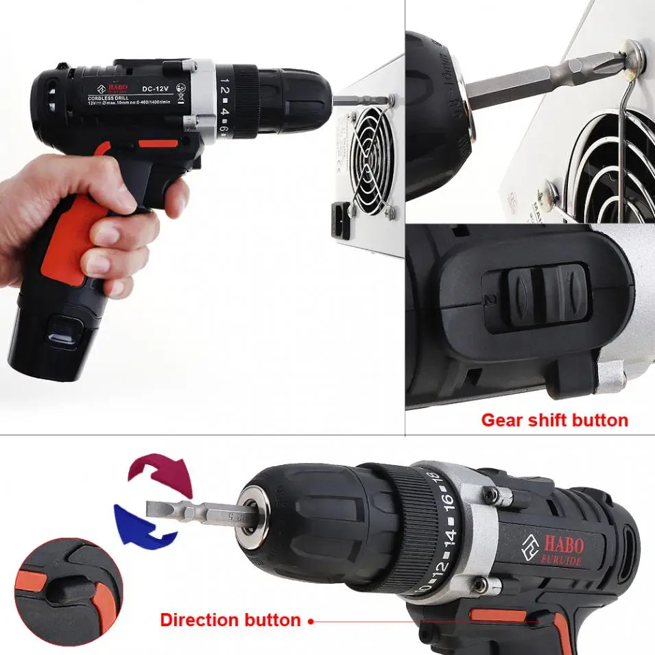 Беспроводная электрическая дрель 12 В/отвертка с литий ионным аккумулятором и