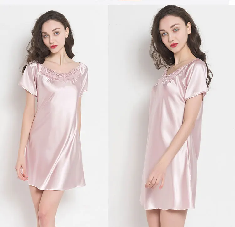 Дамы шелковая ночная рубашка для девочек пикантные шелковые Sleepdress короткий рукав сексуальное ночное белье сексуальное пижамы Мягкая Homedress ночная рубашка B-5311