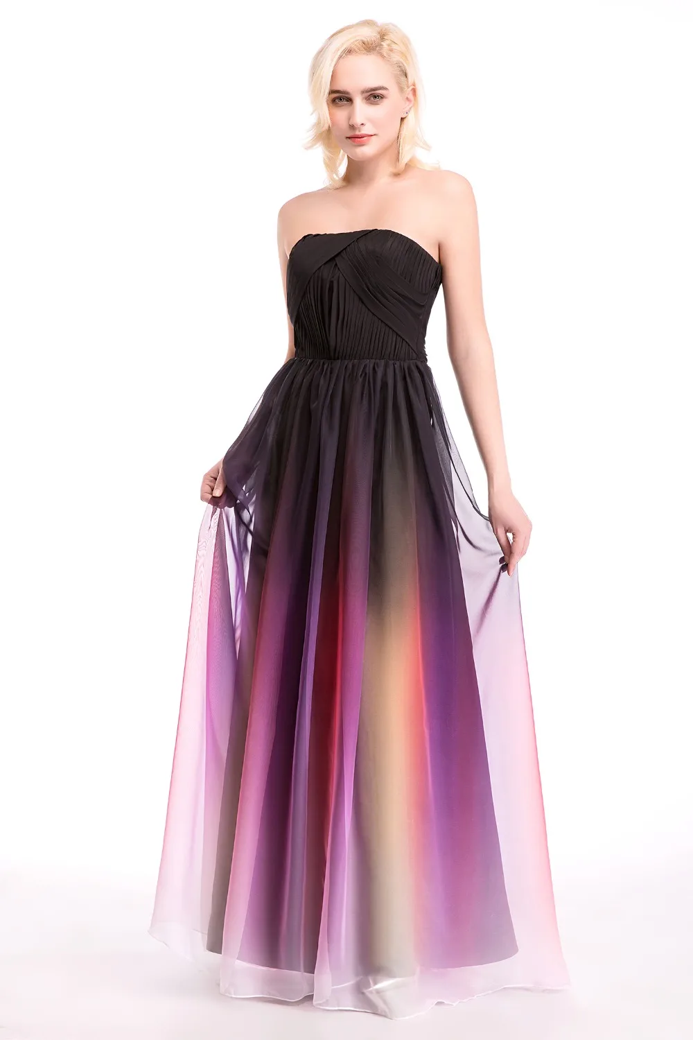 Ruthshen градиент Омбре шифоновое вечернее платье без бретелек vestido de festa Плиссированное женское вечернее платье для выпускного вечера