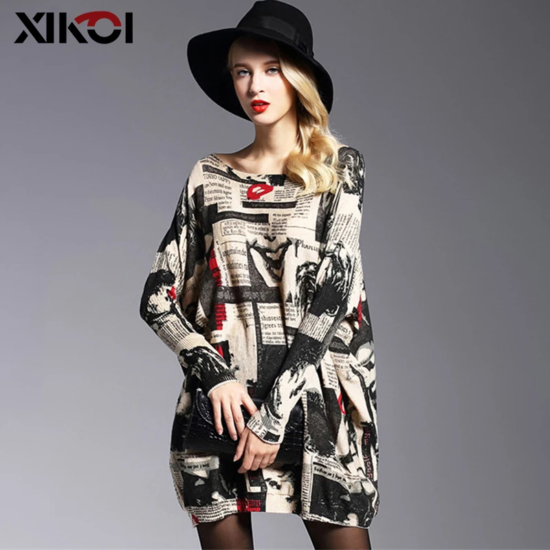 XIKOI Fashion Oversized Knitted Sweaters Women's Clothing Pullovers Jumpers Slash Neck Batwing Sleeve Long Print Sweater Shirts | Женская