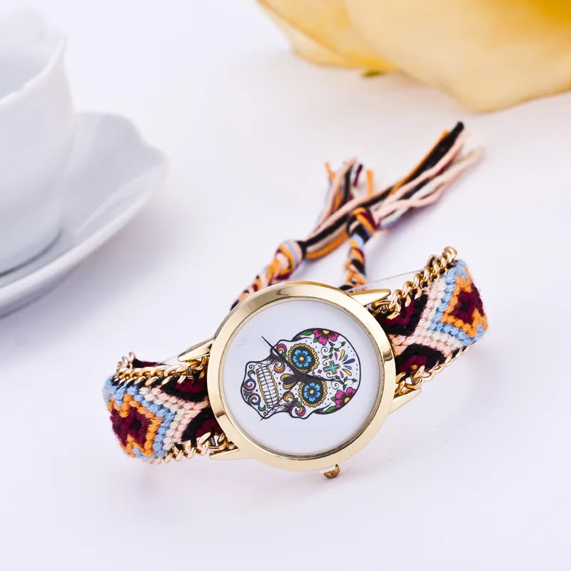 Женские кварцевые наручные часы DIY с черепами и разноцветными тканевыми
