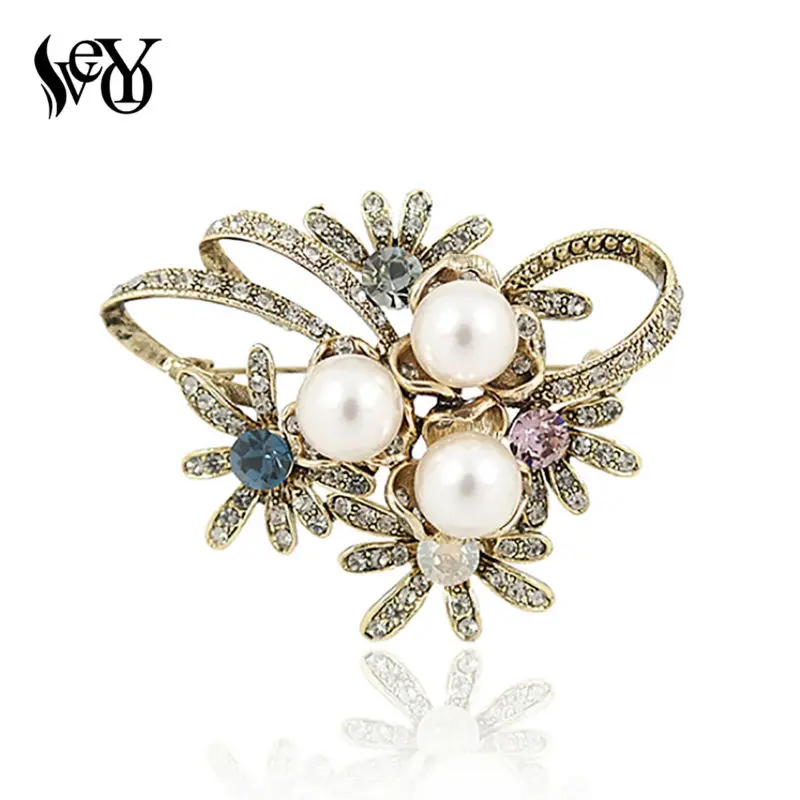 VEYO Newest Imitation Pearl Rhinestone Crystal Flower Bridal Brooch Pins for Woman Hats Clips Corsages Brand Costume Jewelry | Украшения и
