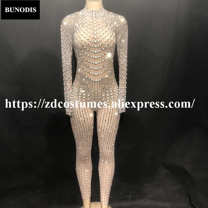 ZD267 Women Sexy Bling Jumpsuit Net Yarn Full Of Glass Sparkling Crystal Pearl Bodysuit Nightclub Party Dancer Singer Stage Wear