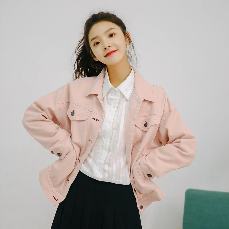 Женская джинсовая куртка короткая белая розовая с длинным рукавом A33 2019 | одежда