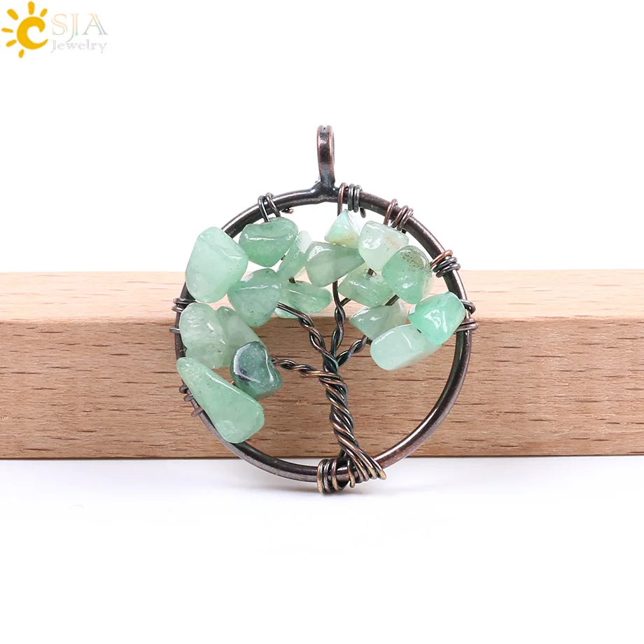 Green Aventurine CSJA 7 Рэйки, лечение чакры Древо жизни кулон для ожерелья винтажный старинный медный цвет натуральный камень чип бисера ювелирные изделия F084 - Окраска металла: Green Aventurine