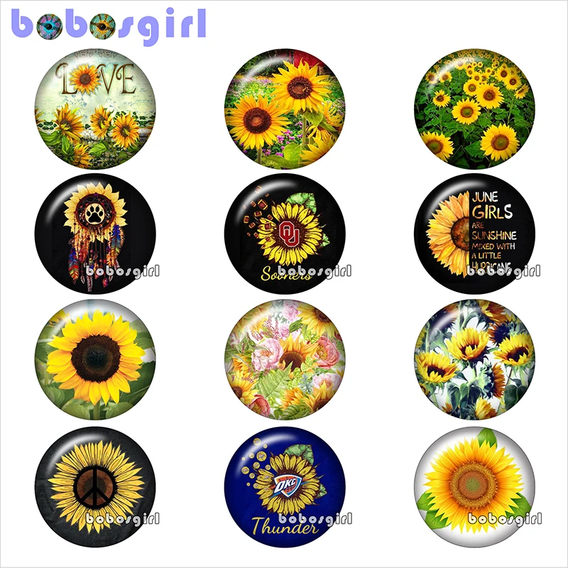 12pcs Mixed Set Солнцезащитный цветок Подсолнух стеклянная кнопка оснастки ювелирные изделия DIY круглые фото Кабошоны с плоской обратной стороной TW1094 - Окраска металла: 12pcs Mixed Set