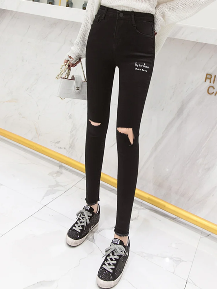 JUJULAND Ripped Skinny Denim Jeans Summer Women Casual Button Fly High Waist New Style Trousers Female Plain Fashion | Женская одежда