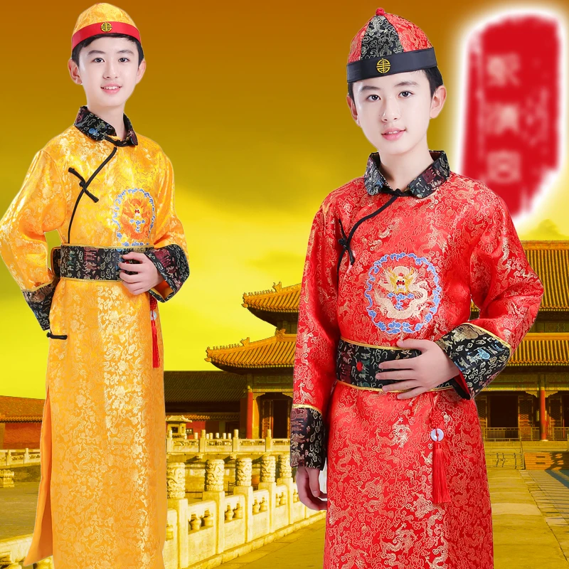 Красный желтый костюм для детей китайское платье Тан ханьфу одежда сцены