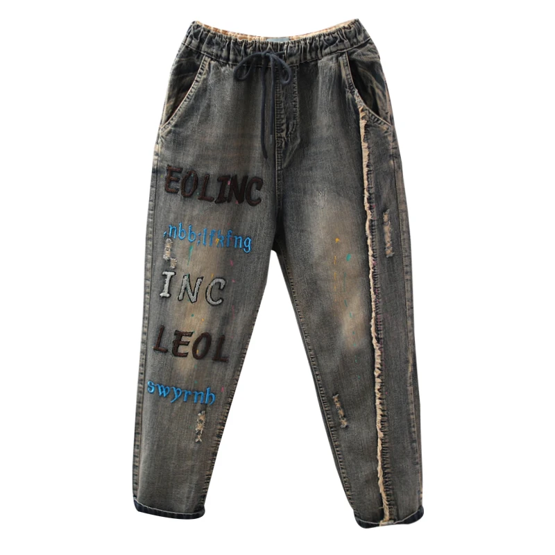 

Spring Ripped Boyfriend Jeans for Women Fashion Loose Vintage Embroidery High Waist Jeans Femme