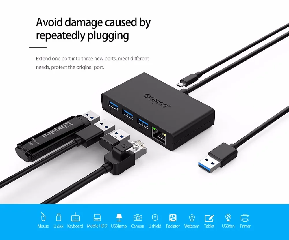 ORICO USB3.0+ гигабитный Ethernet порт концентратор Мини-концентратор для стола, Ofiice, домашний USB3.0 концентратор