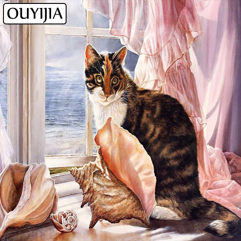 

Алмазная 5D Вышивка «Кот» OUYIJIA, полностью квадратная вышивка, аксессуары для украшения дома, мозаика, алмазная живопись, вышивка крестиком Ст...