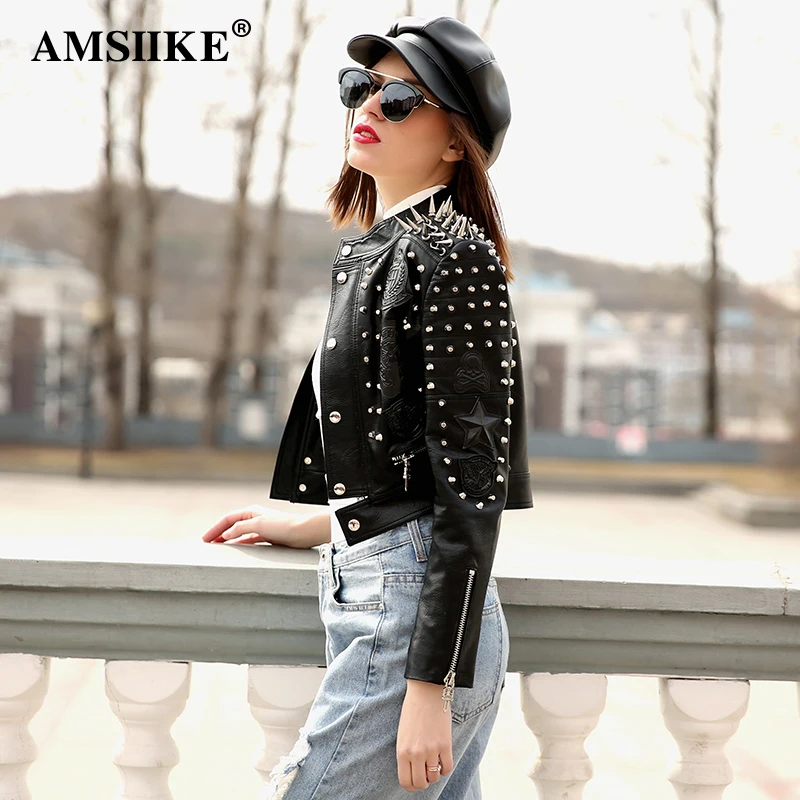 AMSIIKE Женская куртка осень весна в шипах из экокожи A17215|pu jacket|leather pu jacketpu leather jacket women