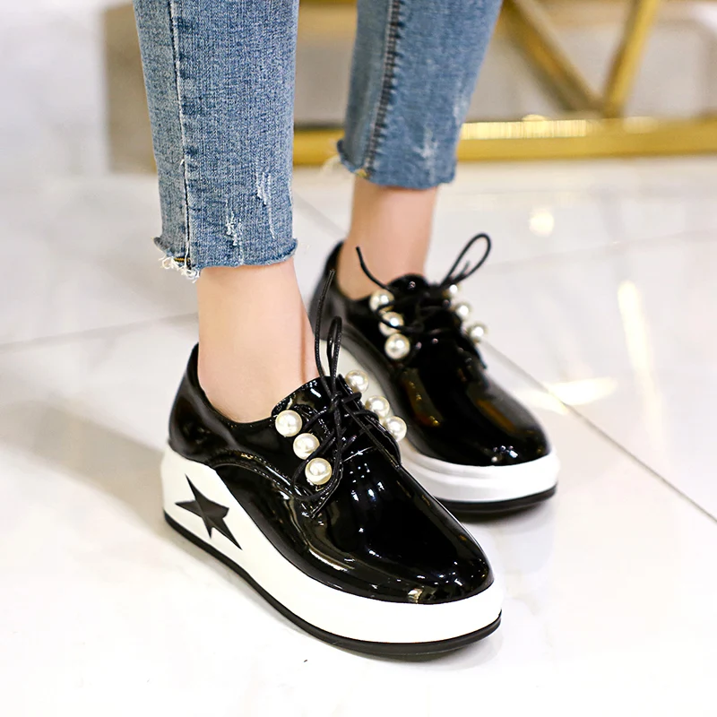 JK 2018 New Fashion Casual Women Flats Lace Up Wedges Pearl Round Toe Footwear Spring Platform Flock Ladies Elevator Shoes | Обувь