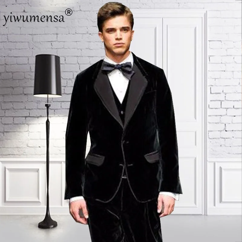 Черный велюр куртка Комплект со брюками одежды Повседневное Slim Fit мужской костюм