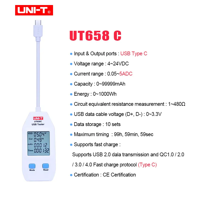 UT658C UNI-T UT658A/UT658C/UT658DUAL серия USB измеритель мощности цифровой измеритель напряжения/тока/емкости/энергии и сопротивления - Цвет: UT658C